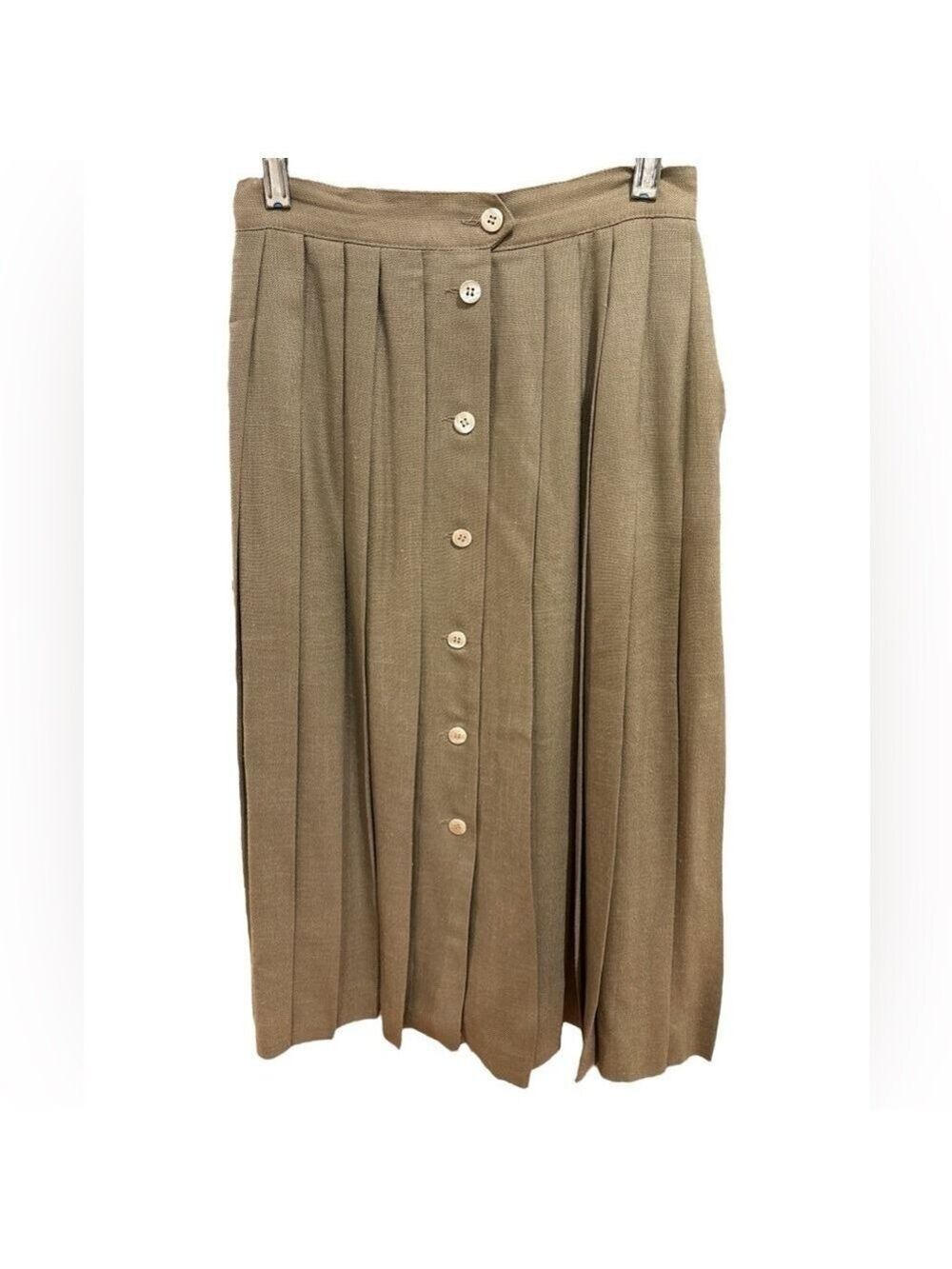 80s LIZ CLAIBORNE KHAKI FRONT BUTTON CLOSURE LINED PLEATED MIDI SKIRT SZ S - Picture 4 of 6